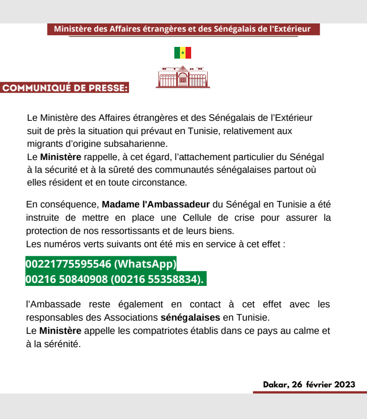 Situation en Tunisie : une cellule de crise installée et des numéros verts mis à la disposition des Sénégalais